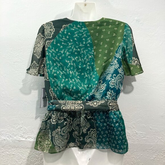 NWT Guess Blouse Short sleeve Ferra Top Sheer Bandana Print Green Side Tie M - Picture 2 of 13